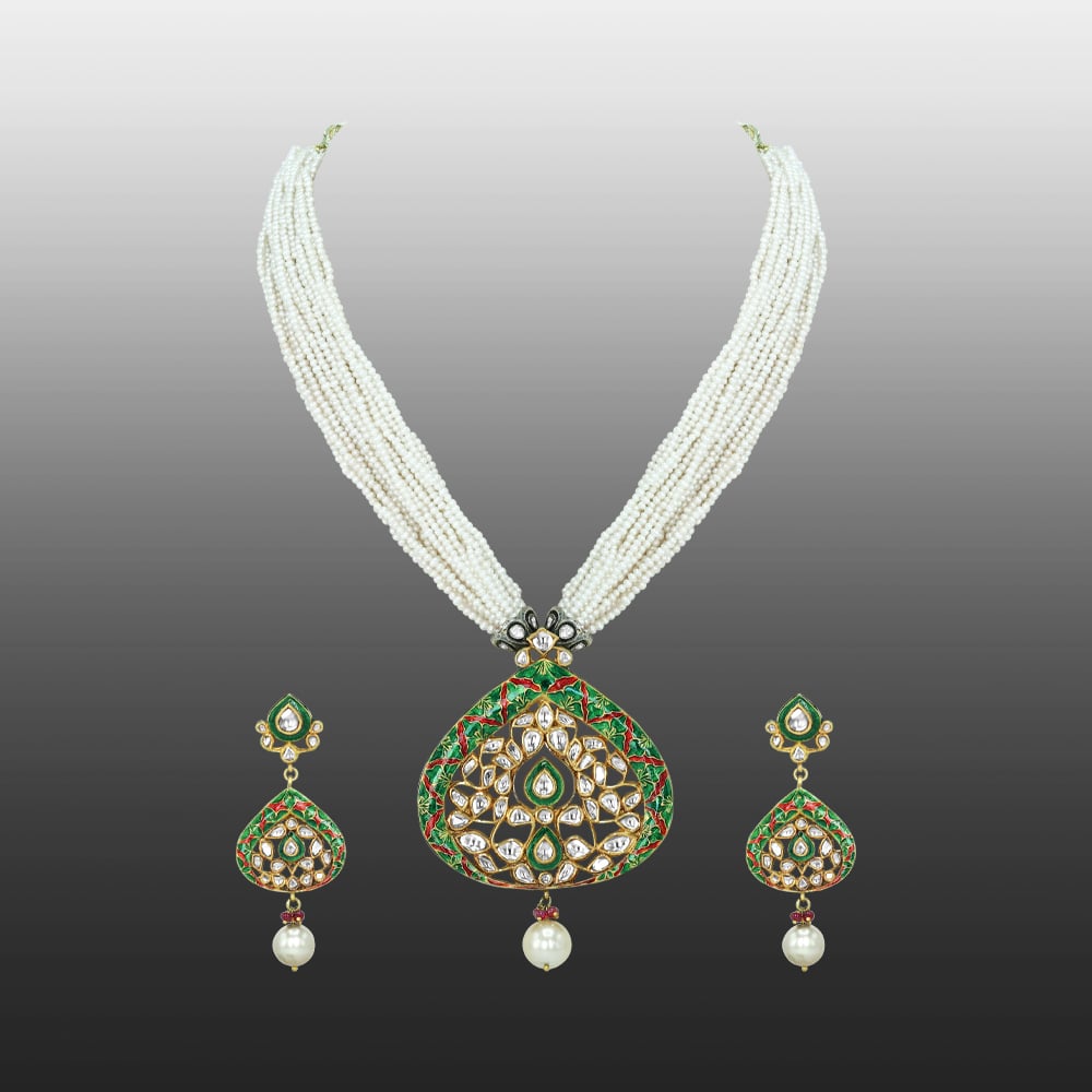 Polki Necklace Set with Green Enamel, Pearl Strands, and Drops